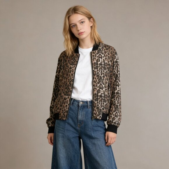 NWOT Johnny Was Silk Animal Print Brown Bomber Jacket Size S